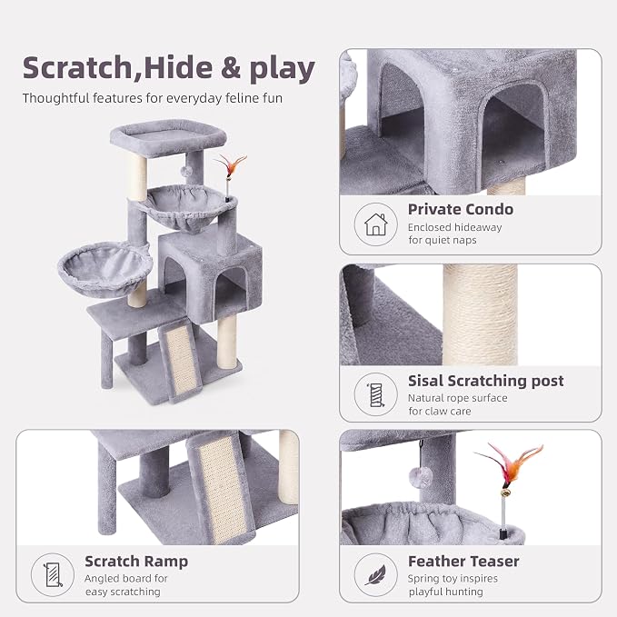 Cat Tree with Cat Condo and Two Hammocks, Cat Tree with Scratching Posts and Scratching Pads, Cat Tower for Indoor Cats, Activity Centre Climbing Tree with Playful Toy Balls, Grey - Image 5