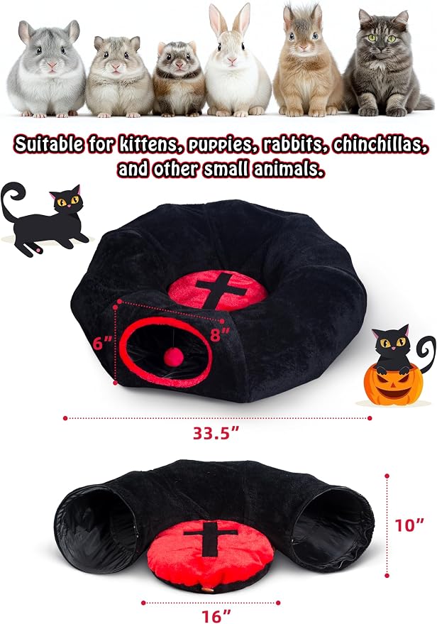 Gothic Coffin Tunnel Cat Bed, Washable, Fits Cat up to 25 lbs | Two-way tunnel design. Size: 10"x33.5". Black & Red. Includes soft washable cushion. Also for small rabbits indoor. - Image 5