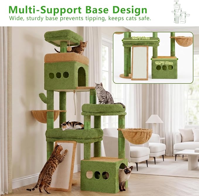 Heybly Cat Tree 72.4-Inch Anti-Tip Cat Tower with Spacious Perches HCT060GY | All-in-One Cat Furniture for Large Cats, Multiple Interactive Areas, Extra-Large Sisal Scratching Board, Green and Yellow - Image 7
