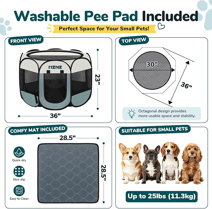 Dog Cat Small Animal Puppy Playpen Crate with Pee Pad, Medium, Grey | Portable Pop Up Pet Cage Enclosure Tent Kennel Indoor Outdoor with Carrying Case, No Assembly, Camping Use - Image 2