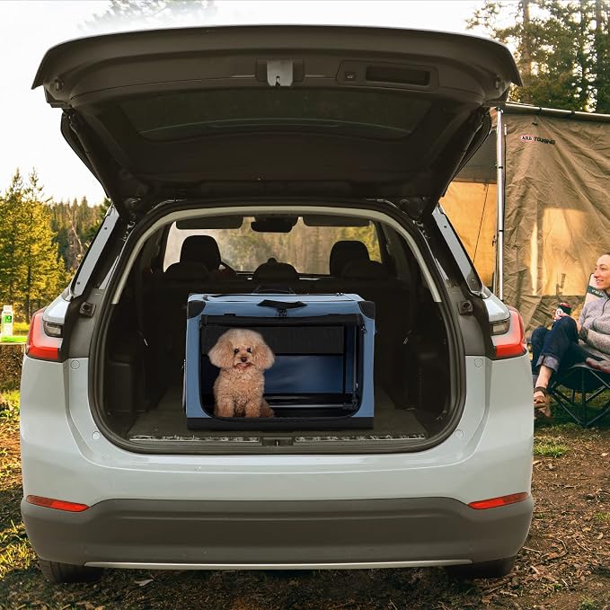 PETSFIT 26" Soft Portable Dog Crate – Patented Spiral Sturdy Frame, Collapsible Travel Kennel for Small Dogs, 3 Mesh Door, Lockable Zippers, Indoor & Car Use Blue - Image 8