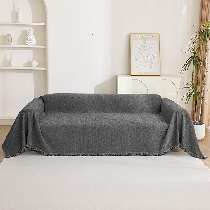 MYSKY HOME Boho Couch Cover Charcoal Gray Sofa Covers with Tassel Farmhouse Sofa Slipcover Simple Couch Protector for Dogs Chenille Sectional Couch Covers L Shaped Couch Cushion Covers, 91"x 134" - Image 9