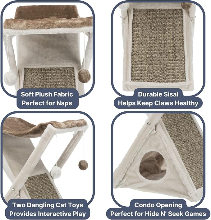 TRIXIE Miguel Fold and Store Cat Hammock, Indoor Cat Furniture with Dangling Toys, Scratching Pad, and Cave, Taupe/Light Gray - Image 4