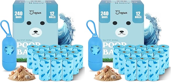 Joyeux 240 Count Ocean Scent Dog Poop Bags Rolls,with Dispenser,Leak-Proof Large Doggie,Extra Thick Poop Bag for Dogs,Cats Litter Bags,Blue Trash Bags for Doggy Pets Bolsa de Popo de Perro (Pack of 2) by JOYEUX