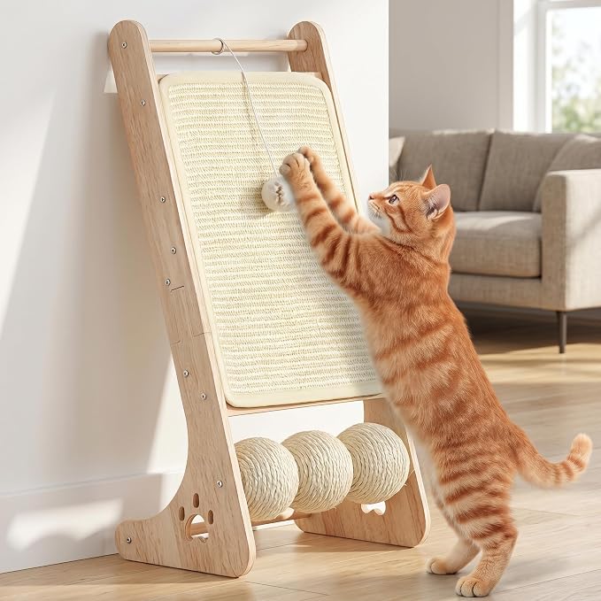 Cat Scratcher for Indoor Cats, Sisal Cat Scratching Board with 3 Sisal Scratch Balls, Solid Wood Cat Scratchers Pad Ramp, L-Shaped Cat Scratching Post - Image 7