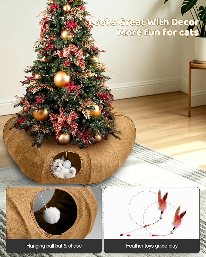 Linen Cat Tunnels with Central Cat Bed, Interactive Cat Toys Detachable Washable Soft Mat Large Indoor Play Tunnel Cave for Kittens and Small Animals - Image 7