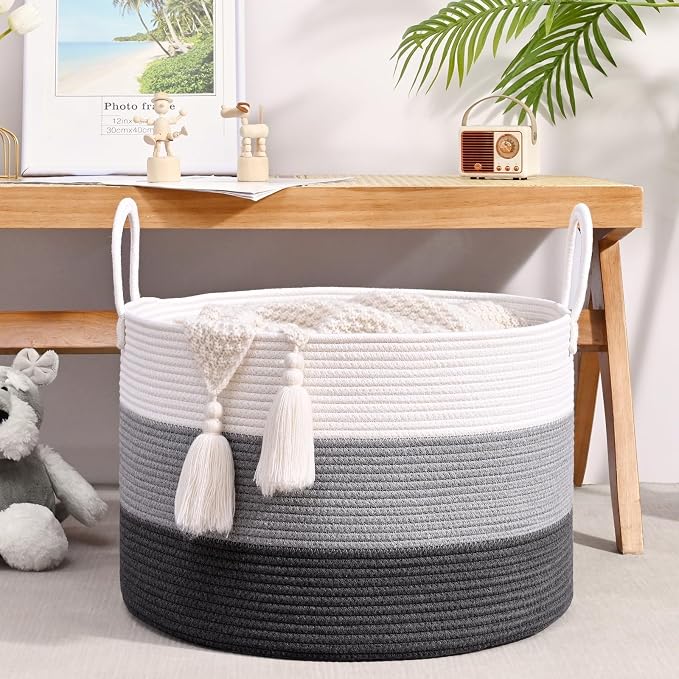 67L Large Woven Blanket Basket, Cotton Rope Baby Laundry Hamper with Handles, Kids Toy Basket for Classroom & Nursery, Soft Round Stuffed Animal Storage, Dog Toy Bin - 20"x13", Gray - Image 2