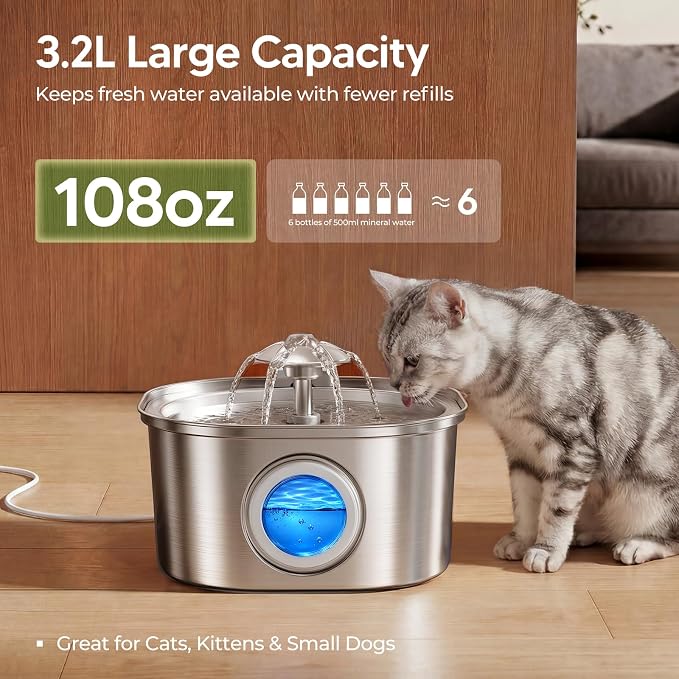 PEKTACO Cat Water Fountain, 3.2L Stainless Steel Pet Fountain, 1 Filter | 108oz capacity, LED water level window, ultra-quiet pump, dishwasher-safe tray, BPA-free, for cats and small dogs - Image 4
