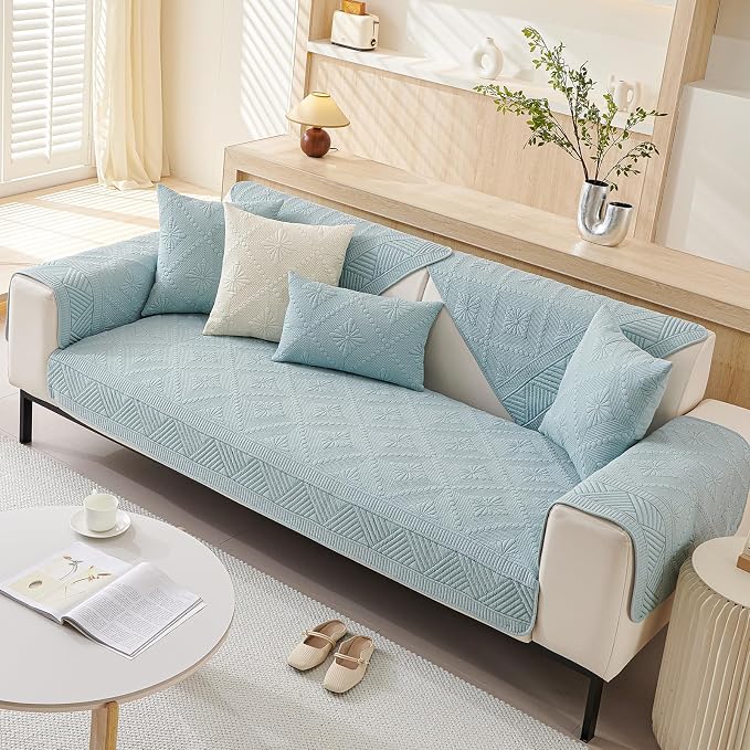 vctops Boho Cotton Quilted Sofa Couch Cover Washable Soft Non Slip Sectional Couch Covers Floral Embroidery Sofa Slipcover for Dogs, Children, Pets Furniture Protector (Blue,43"x63") - Image 6