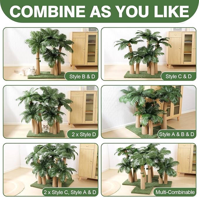 40'' Tall Cat Scratching Post Cat Tree, 3 Curved Design Palm Tree Cat Scratching Post with 8 Interactive Balls, Natural Sisal Rope Cat Scratchers for Indoor Cats, Multi-Combinable (Style D) - Image 6