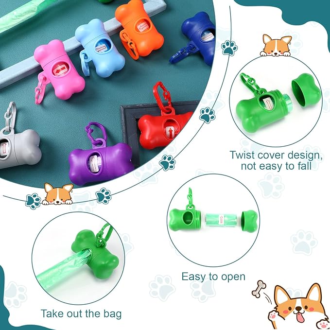 Zhehao 120 Pcs Bone Dog Poop Bag Dispensers with Bags and Hooks, 8 Colors | Compact Dog Waste Bag Holders for Walking, Hiking, Camping and Travel - Image 4