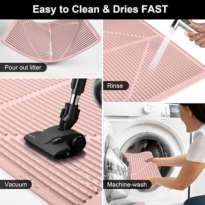 Mofason Silicone Cat Litter Mat XXL - Pink Extra Large Cat Litter Box mat | Waterproof & washable 38"x25" kitty cat litter mat for floor, extra large litter trapping; cat litter catcher mat easy clean - Image 5
