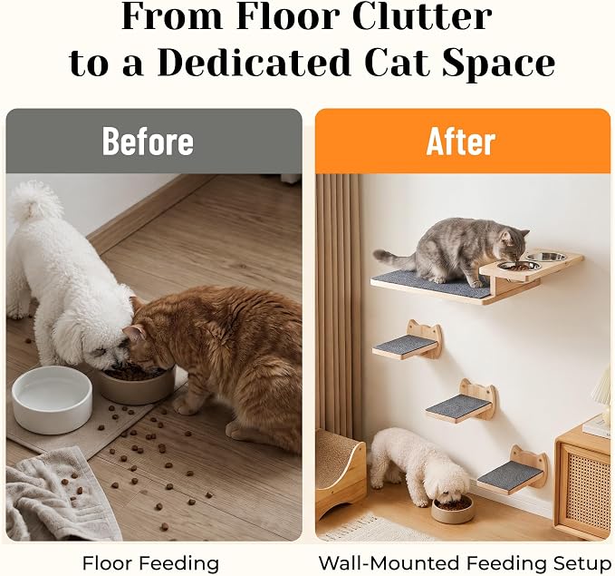 PatiencET Wall Mounted Shelves Cat Feeding Station with 3 Steps and 2 Bowls | Elevated feeding zone helps separate meals in homes with cats and dogs or multiple cats, plus a perch for climbing and rest. - Image 4