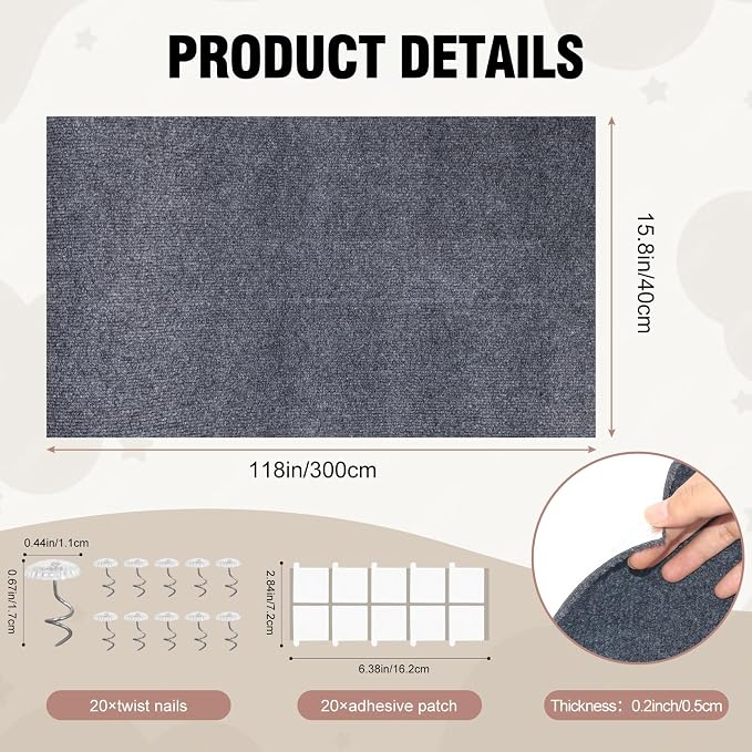 Cat Scratch Couch Furniture Protector-118''x15.8'' cat Scratch Mat for Couch Furniture and Wall Protector,Trimmable Self-Adhesive DIY Climbing Cats Scratcher Couch Protector（Dark Gray） - Image 2