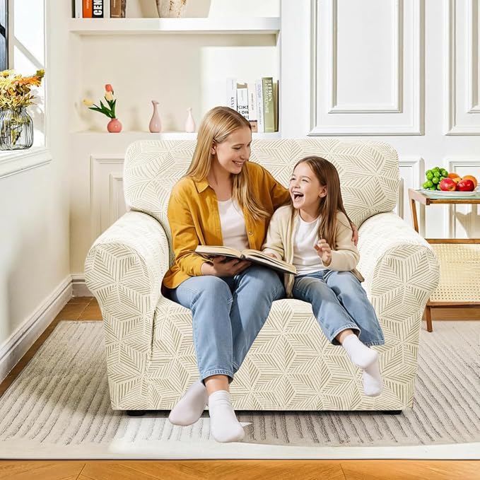 YEMYHOM 1 Piece Stretch Chair Sofa Slipcovers Couch Covers for 1 Seat, Jacquard Armchair Covers with Non-Slip Elastic Bottom, Thickened Furniture Protector for Dogs Pets kids (Small, Beige） - Image 2