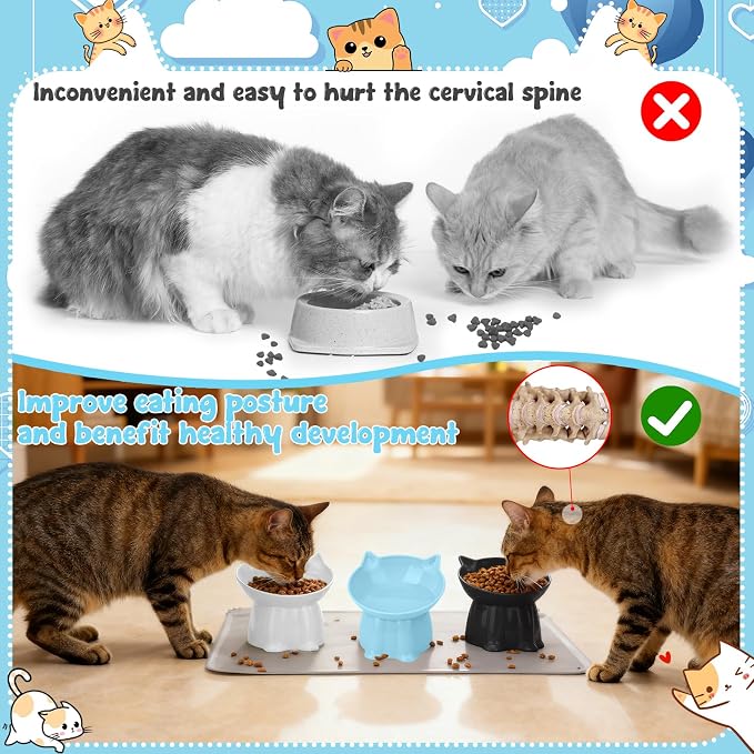 3 Pcs Elevated Cat Bowls 15°Raised Cat Food Bowl with Silicone Mat Blue | Whisker Friendly Anti Vomiting Cats Dishes Pet Food and Water Bowls for Indoor Cats Kittens - Image 5