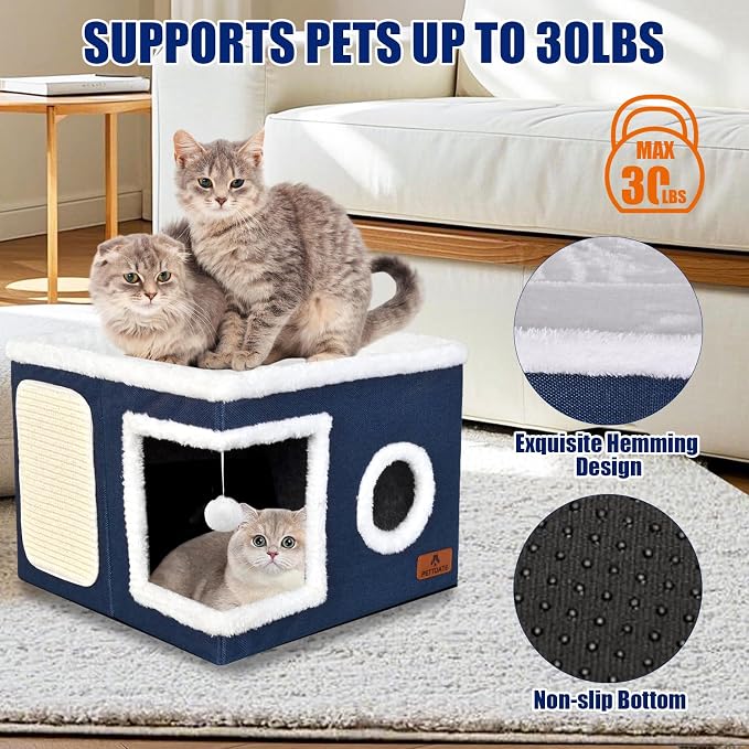 Cat Beds for Indoor Cats, Large Cat Cave Bed with Scratch Pad and Fluffy Ball, Foldable Cat Hideaway, Cat House with Reversible Cushion for Multi Small Pet Up to 30LBS, Blue - Image 3