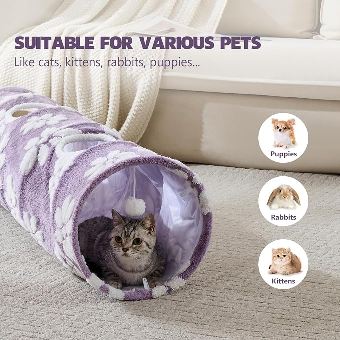 Straight Cat Tunnel for Indoor Cats 47"x12", Purple Flower | Cute Cat Toys, Collapsible Tunnel Tube with Hanging Balls for Puppy Kitten Rabbit - Image 3