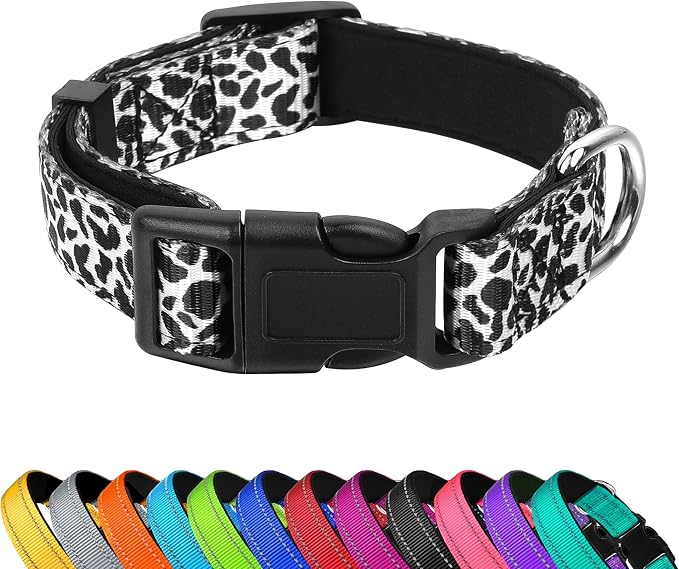 Reflective Dog Collar, Adjustable Soft Neoprene Padded,Black White Cow,S | Breathable Nylon for Small Dogs,Tear-Resistant Webbing,Chafe‑Free on Walks and Hikes,Metal D-Ring,Night Safety by PWOD