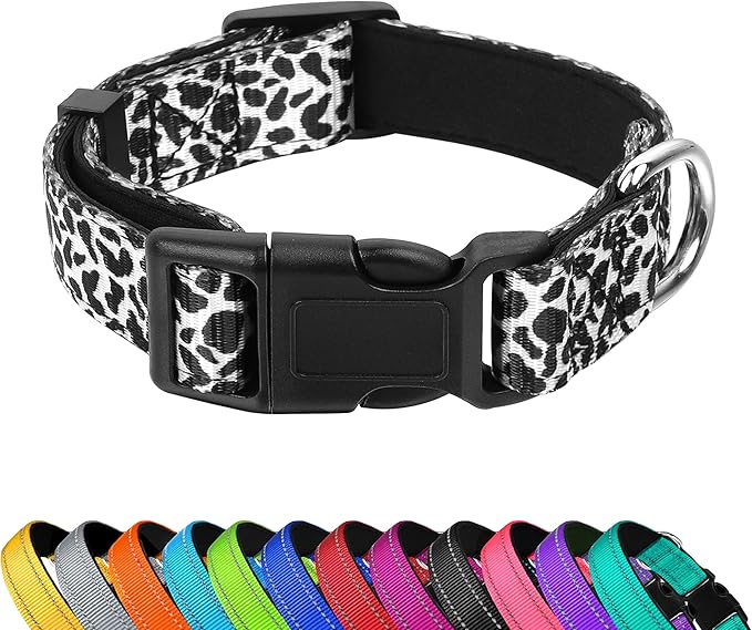 Reflective Dog Collar, Adjustable Soft Neoprene Padded,Black White Cow,M | Breathable Nylon for Medium Dogs,Tear-Resistant Webbing,Chafe‑Free on Walks and Hikes,Metal D-Ring,Night Safety by PWOD