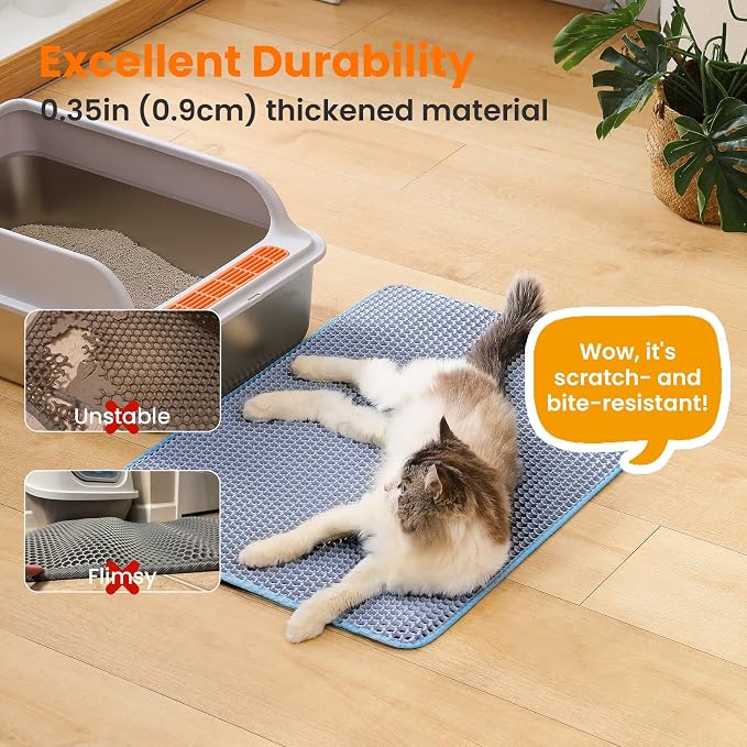 Extra Large Cat Litter Mat, Double Layer Honeycomb Design, Blue | 30x22”, Reduces Litter Tracking, Easy to Clean, Waterproof, Non-Slip, Soft on Paws, Scratch Resistant, Blue, XL - Image 6