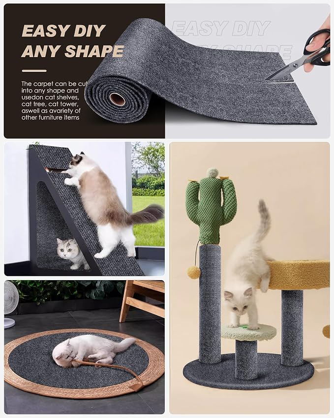 Cat Scratch Furniture Protector, Trimmable Self-Adhesive Carpet, DIY Climb Cat Scratcher Mat for Covering Cat Tower and Couch Protector from Cat Claws (78.7x15.8in Dark Gray) - Image 4