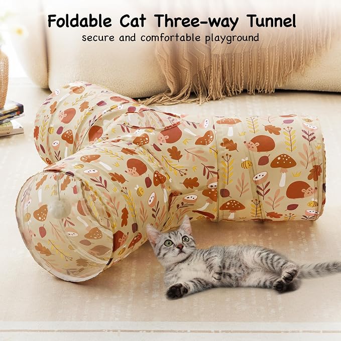 Tempcore Cat Tunnel for Indoor Cats, 3 Way Collapsible Pet Play Tunnel with Teaser Wand, Peek Holes & Hanging Ball, Interactive Tube for Kittens & Rabbits, Khaki Hedgehog - Image 4