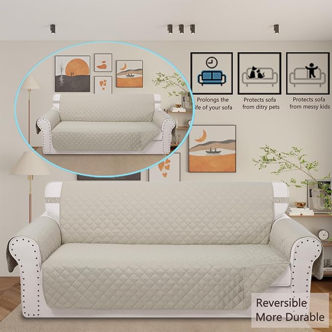 Reversible Couch Cover for 3 Cushion, Sofa, Beige/Beige | Couch Cover for Sofa, Pet Friendly Water Repellent Couch Sofa Cover, Washable Furniture Protector with Elastic Straps - Image 2