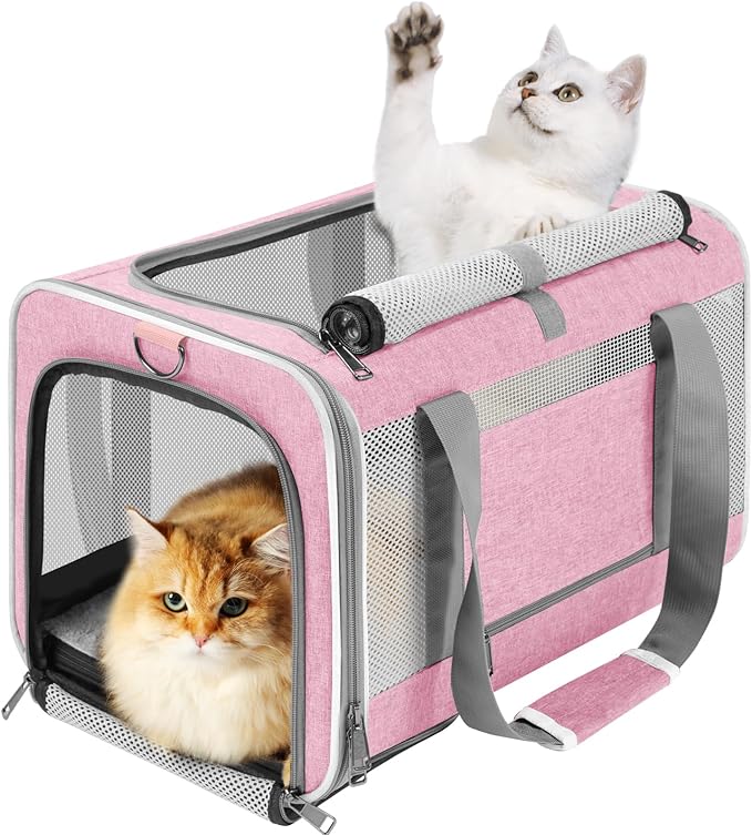 GAPZER Large Cat Carrier Soft, Collapsible Travel Pet Carry Bag, Small Dogs | Big Kitten Cat 20lbs Mainecoon, Top Open Travel Shih-Tzu Pet Kennel, Yorkie Small Dog 10 Pounds, 18x12x12, Durable Cloth Pink by GAPZER