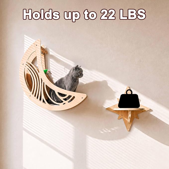 Moon & Star Cat Wall Shelves, Modern Cat Furniture Perch for Indoor Cats | Kitten Shelves with Decorative Cutouts, Space-Saving, Stable & Safe, Paintable, Pre-Drilled, Wood Cat Climbing System - Image 8