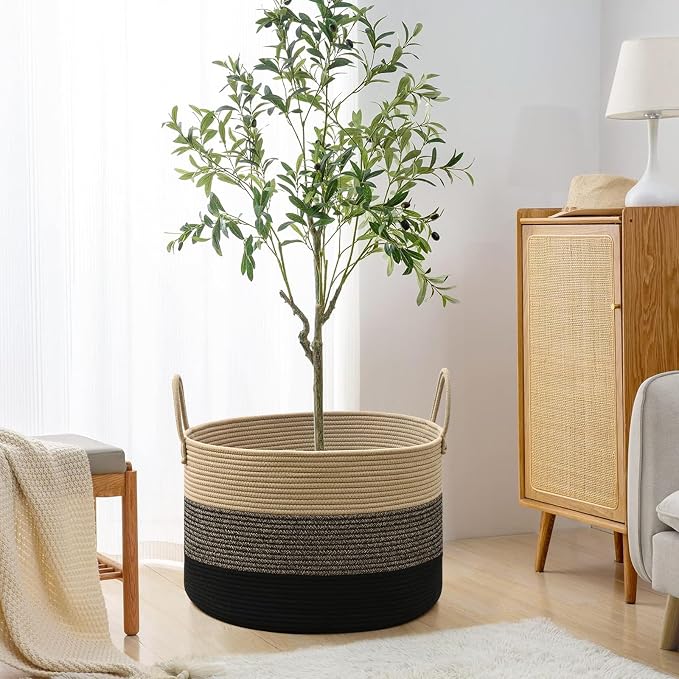 67L Large Woven Blanket Basket, Cotton Rope Baby Laundry Hamper with Handles, Kids Toy Basket for Classroom & Nursery, Soft Round Stuffed Animal Storage, Dog Toy Bin - 20"x13", Black & Brown - Image 5