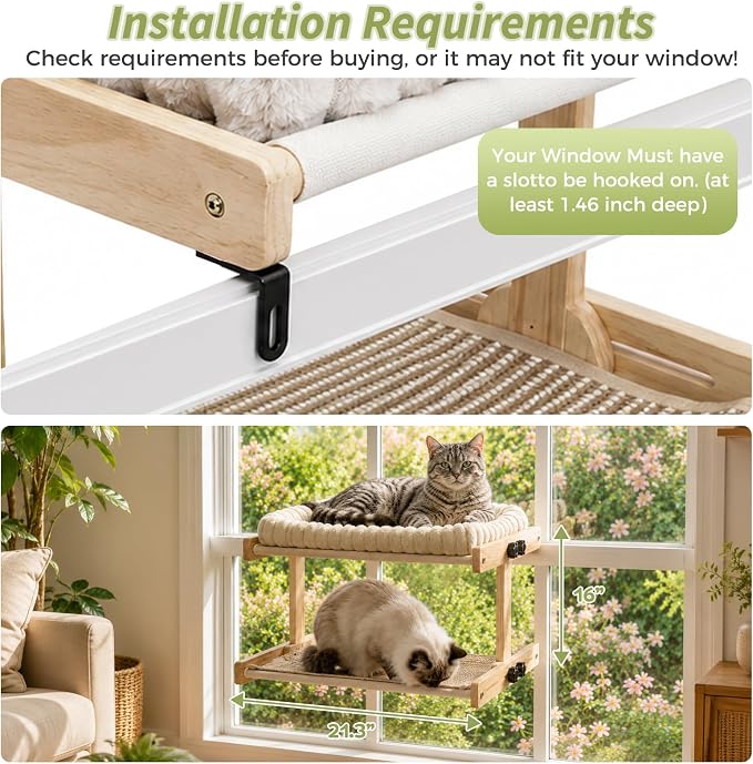 Teabelle Double Layer Cat Window Perch with 3 Interchangeable Mats | Bedside Sleeper, Adjustable Solid Wood Tree Cat Hammock for Small & Medium Breeds, Sturdy Window Bed(Plush, Sisal, Canvas) - Image 7