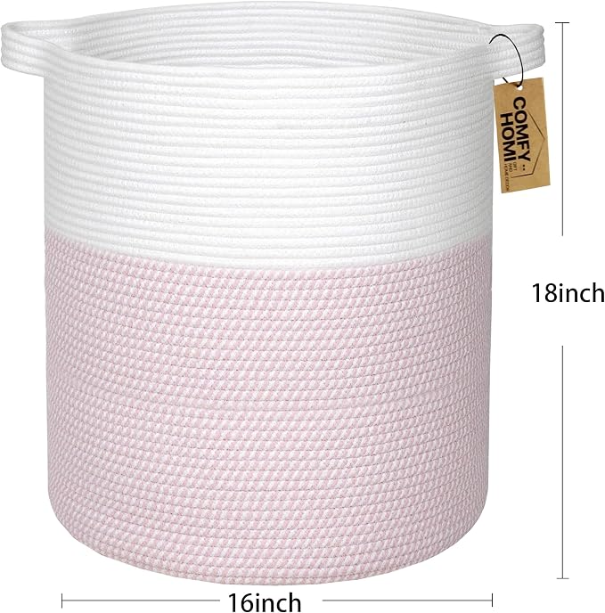 COMFY-HOMI XXL Large Laundry Basket with Handles Blanket Baskets Living Room|Woven Cotton Rope Decorative Basket Laundry Hamper Baby Basket Nursery Dog Toy Storage Organizer Bin-16”x18”-White/Pink - Image 8