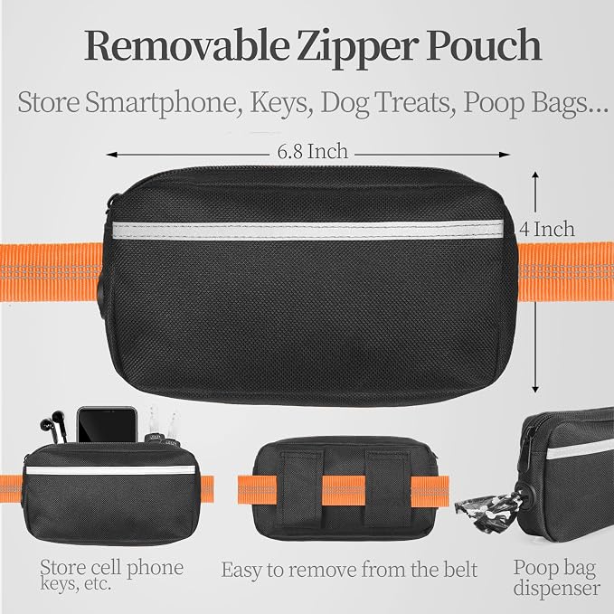 Hands Free Dog Leash with Zipper Pouch, Large, 25-120 LBS, Orange | Waist Leash, Dual Padded Handles, Shock-Absorbing Bungee, Adjustable Waist Belt, Walking and Running - Image 2