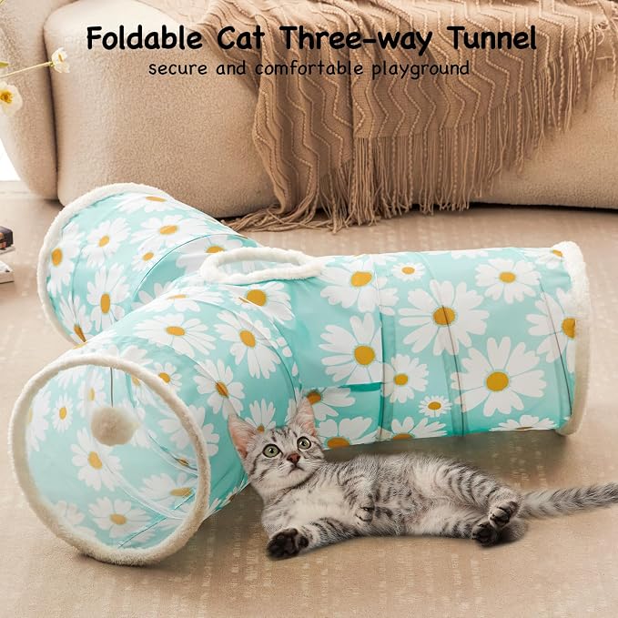 Tempcore Cat Tunnel for Indoor Cats, 3 Way Collapsible Pet Play Tunnel with Teaser Wand, Peek Holes & Hanging Ball, Interactive Tube for Kittens & Rabbits, Daisy Blue Printed - Image 3