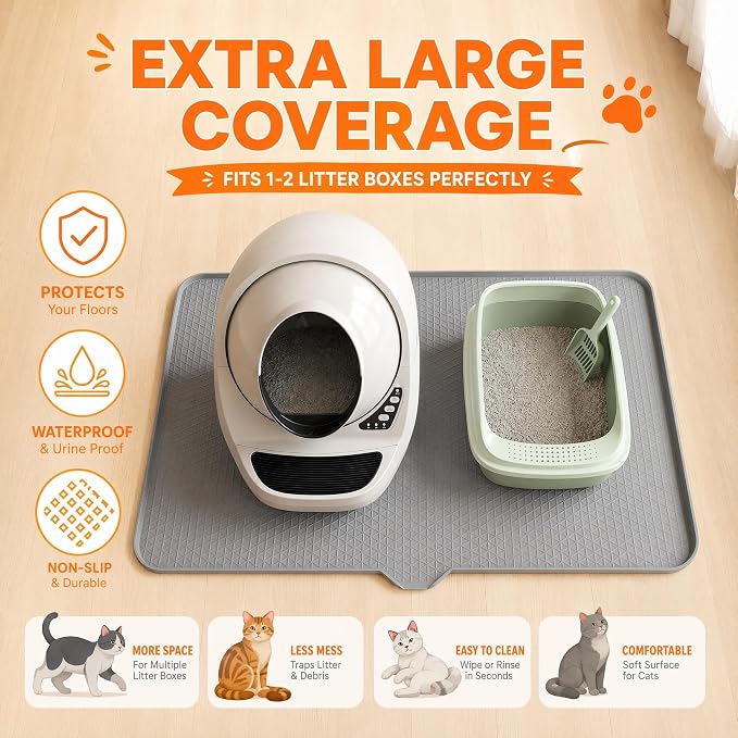 Cat Litter Mat, XL 40"x29.7" Silicone Litter Box Mat, Tilted Drain Spout | Litter Mat Fit 1-2 Boxes, Extra Wide Kitty Litter Mat, Waterproof Urine Proof, Non-Slip, Easy to Clean, High Edge - Image 7
