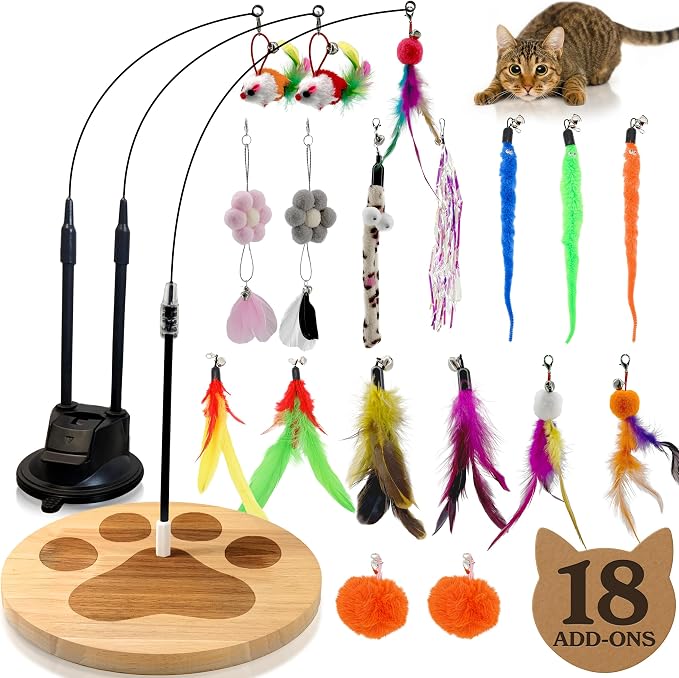 Cat Toys for Indoor Cats, Interactive Cat Toy Wand, Kitten Stuff, 18 Lures | Heavy Stable Base Prevents Toppling, Dual Suction Cup For Extra Play Options, Trigger natural feline hunting instincts today by GADGETSOLOGY