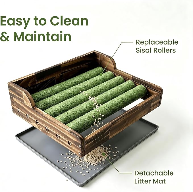 Cat Litter Box Step with Sisal Scratching Post Litter Catcher Mat (Green) | Multi-Purpose Wood Anti-Tracking Cat Scratcher Bed Litter Box Ramp, Fits Standard Cat Litter Boxes - Image 5
