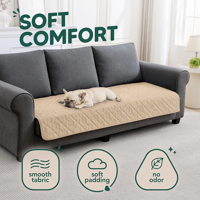 PAWFINITY Waterproof Couch Covers for Dogs, Pet Blanket for Sofa Washable | Paw Print Quilted, Hair Resistant, Anti Cat Scratch, Pee Proof Furniture Protector for 3 Seat Sofa and Bed, 30x80 Inch, Beige - Image 4