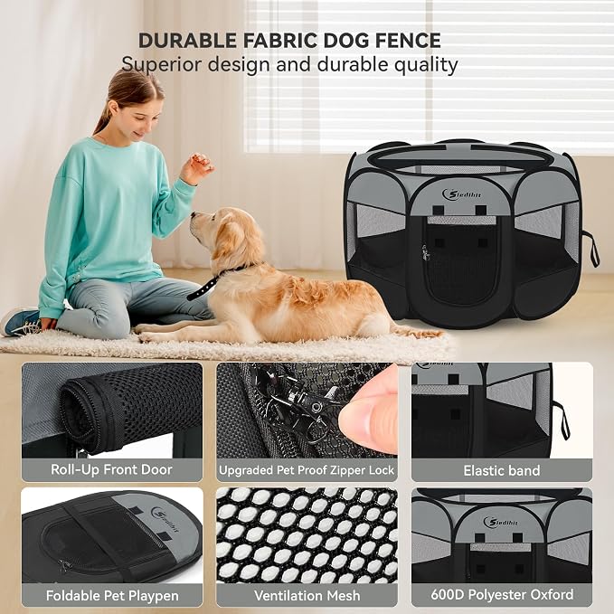 Siedihit Dark Grey Puppy Playpen for Large Dog Cat, Dogs Tent | Crates Cage Indoor/Outdoor, Portable Pop Up Dog Kennel with Carrying Bag for Rabbits(Dark Grey, Large ) - Image 6