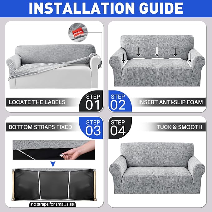 YEMYHOM 1 Piece Stretch Couch Covers for 2 Cushion Couch, Jacquard Loveseat Cover with Non-Slip Elastic Bottom, Thickened Slipcover Furniture Protector for Dogs Pets (Medium, Light Gray） - Image 7