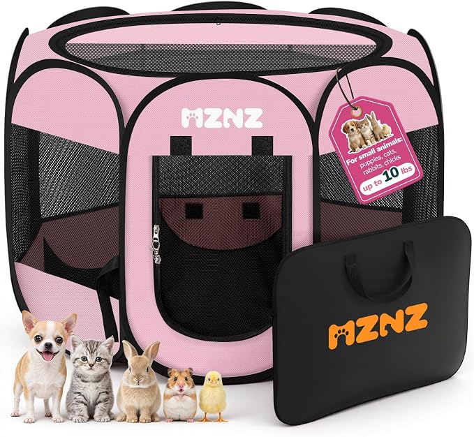Dog Cat Small Animal Puppy Playpen Crate, Small, Whole Pink | Portable Pop Up Pet Cage Enclosure Tent Kennel Indoor Outdoor with Carrying Case, No Assembly, Camping Use by MZNZ
