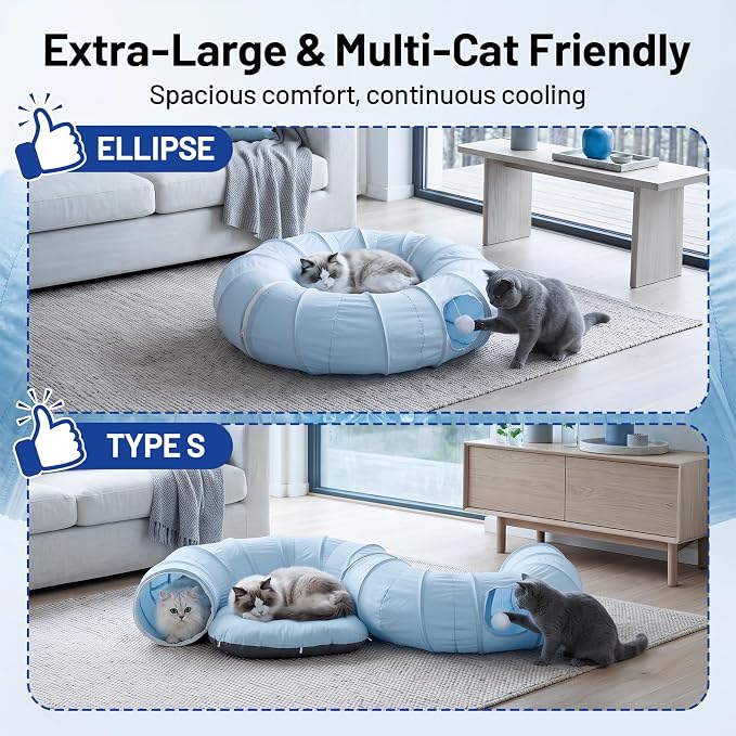 Ice Silk Cooling Cat Tunnel, 39.4in Multi-Cat Family Cat Tube, Blue | Breathable Thin Cat Play Tunnel, Lockfill Cotton Pad Included, Waterproof & Anti-Static, Ideal Summer Cat Toy - Image 4
