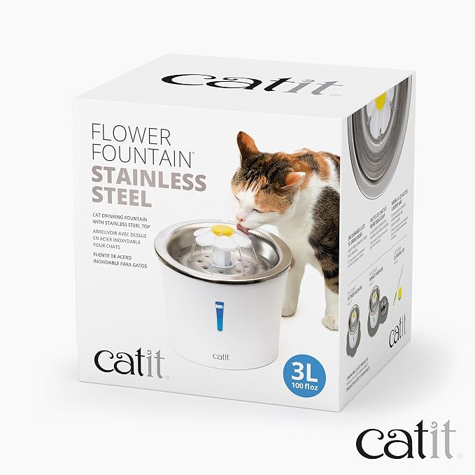 Catit Stainless Steel Flower Fountain with Triple Action Filter, Cat Drinking Water Fountain, 3 L (Pack of 6) - Image 8