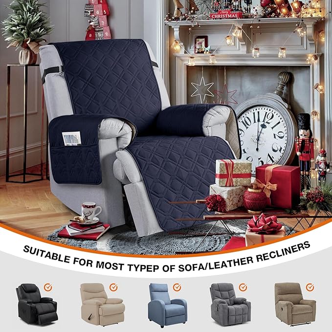 VANSOFY 100% Waterproof Recliner Chair Covers Washable, Dark Blue, 30" | Non-Slip, Slipcover with Pocket, Furniture Protector, Elastic Straps, Chair Cover for Pets, Dogs - Image 4