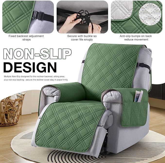 TAOCOCO Waterproof Recliner Chair Covers 30 Inch Wide, Oversized Recliner Covers for Recliner Chair with Pocket, Recliner Slipcovers with Straps Furniture Protector for Kids Pets (30'', Vine Green) - Image 6
