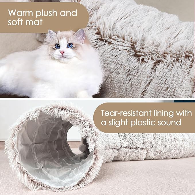 Peekaboo Cat Cave with Washable Mat, Collapsible Cat Play Tunnel for Kittens & Small Pets, Plush Cat Donut Bed Tunnel, Brown - Image 2