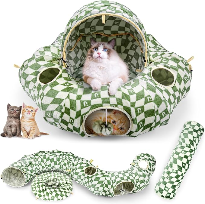 Cat Bed and Tunnel Toy - Cat Donut with Straight Tunnel, Washable Cushion, 4 Hanging Balls, 6 Peek Holes, Collapsible, Green by OUHOU