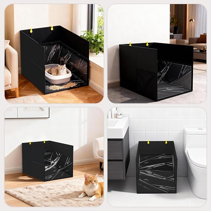 Aokeyee Cat Litter Box Enclosure Splash Guard, Black Waterproof | 27.16x21.65x16.53, Removable PVC Mat with 2 Hooks, Foldable Anti-Leakage Dust Control - Image 9