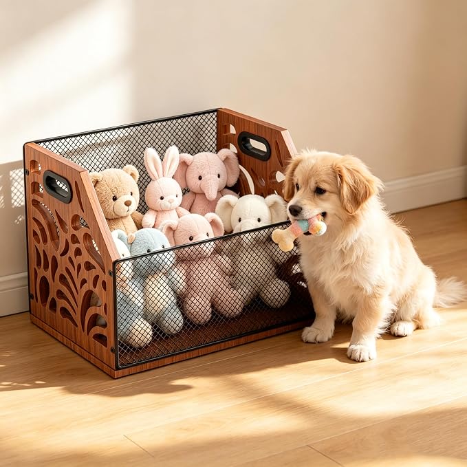 Wooden Mesh Dog Toy Storage Bin with Handles for Pet Supply & Toys | Large capacity holds plush toys, balls, leashes & treats. Clear scattered clutter effortlessly and keep your home tidy. - Image 2